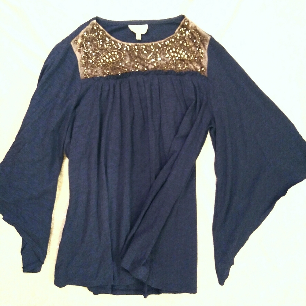 Anthropologie Deletta Blue Boho Gold Beads